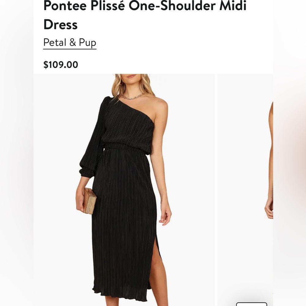 Petal & Pup Black Pontee Plissé One-Shoulder Midi Dress
